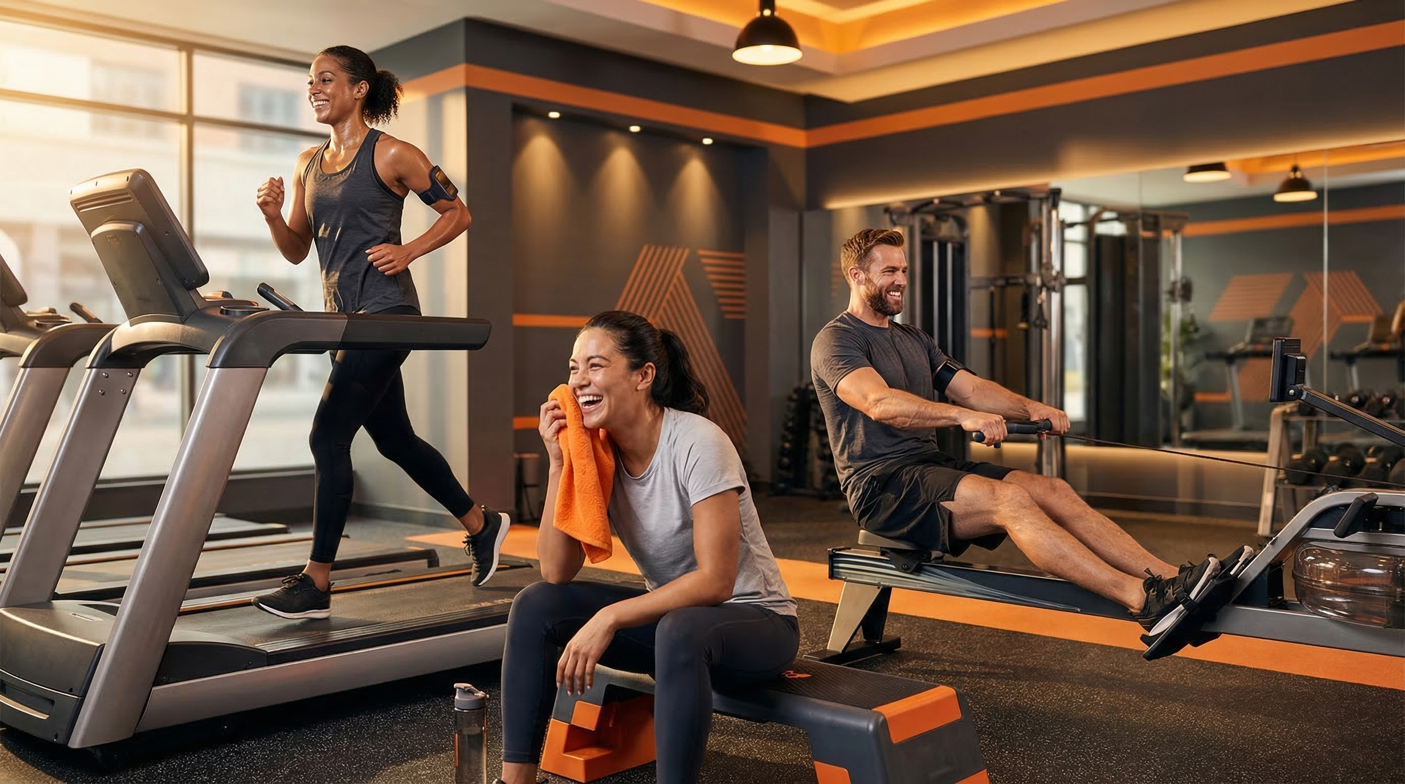 Smiling athletes in a premium boutique fitness studio